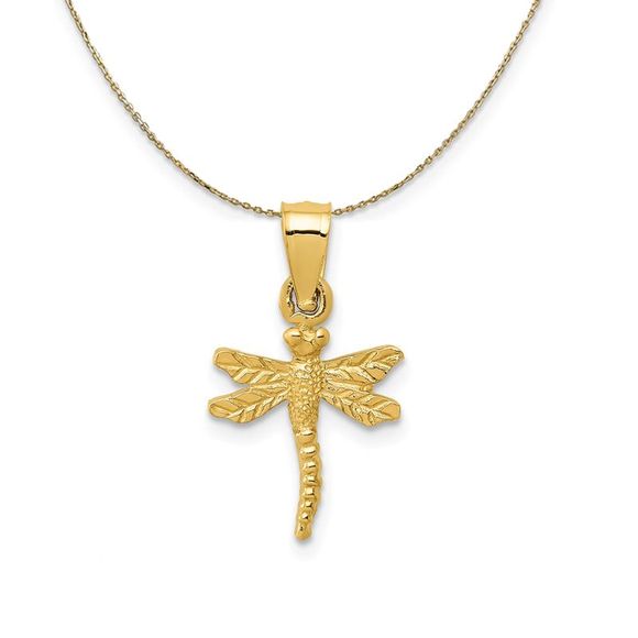 14k Yellow Gold Mini Satin Dragonfly Necklace - 18 Inch